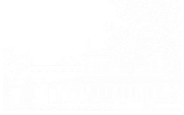 Line drawing of the Wish Well House, a two-storey house behind a garden wall and trees